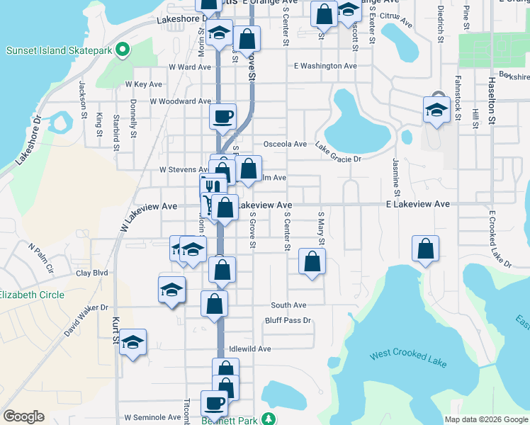 map of restaurants, bars, coffee shops, grocery stores, and more near 211 East Lakeview Avenue in Eustis