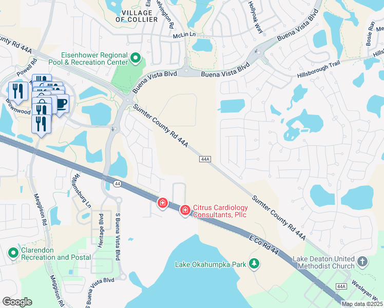 map of restaurants, bars, coffee shops, grocery stores, and more near 5618 County Road 44A in Wildwood