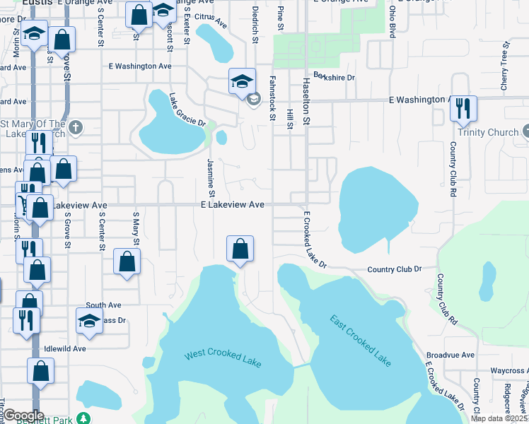 map of restaurants, bars, coffee shops, grocery stores, and more near 1390 East Lakeview Avenue in Eustis
