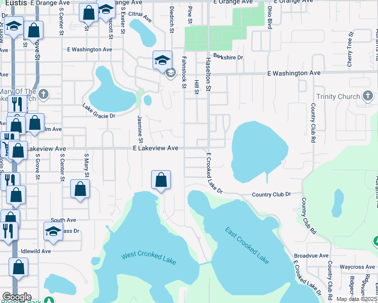 map of restaurants, bars, coffee shops, grocery stores, and more near 1408 East Lakeview Avenue in Eustis