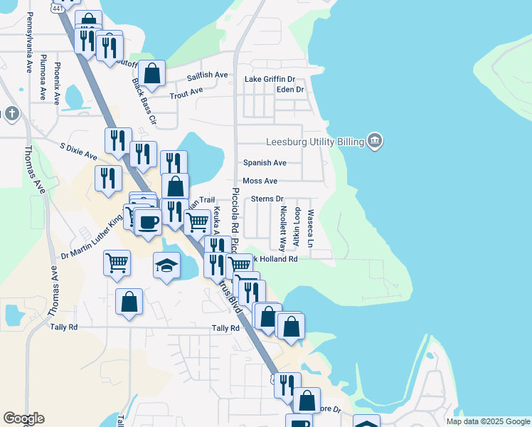 map of restaurants, bars, coffee shops, grocery stores, and more near 2233 Aitkin Loop in Leesburg