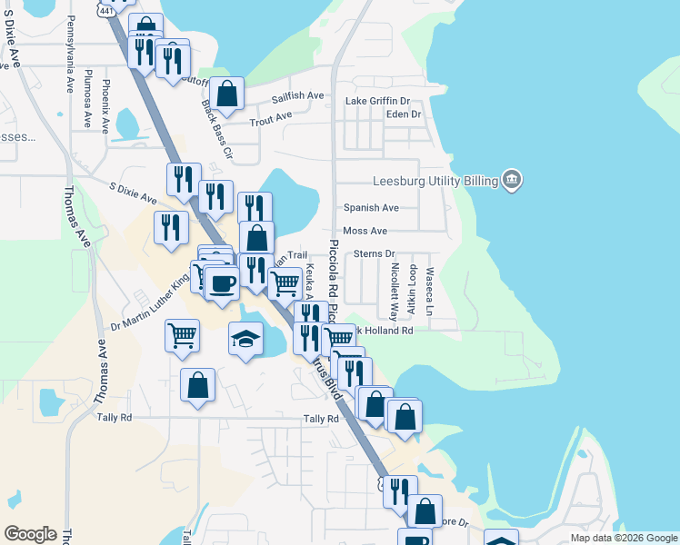map of restaurants, bars, coffee shops, grocery stores, and more near 1554 Sterns Drive in Leesburg