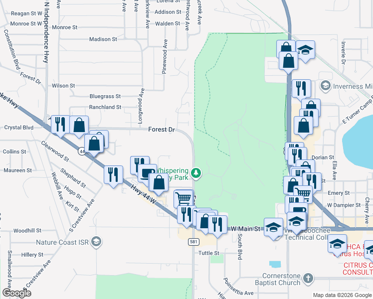 map of restaurants, bars, coffee shops, grocery stores, and more near 1879 Forest Drive in Inverness