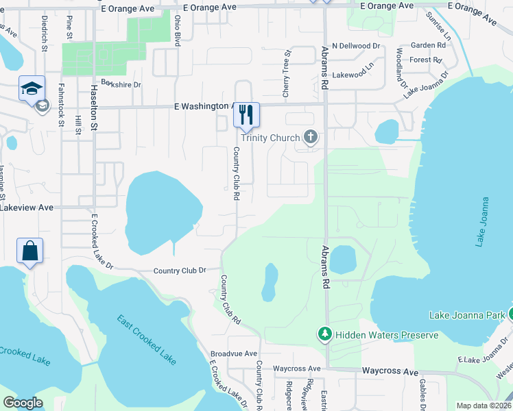 map of restaurants, bars, coffee shops, grocery stores, and more near 1107 Club Hills Drive in Eustis