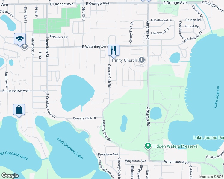 map of restaurants, bars, coffee shops, grocery stores, and more near 1105 Country Club Road in Eustis