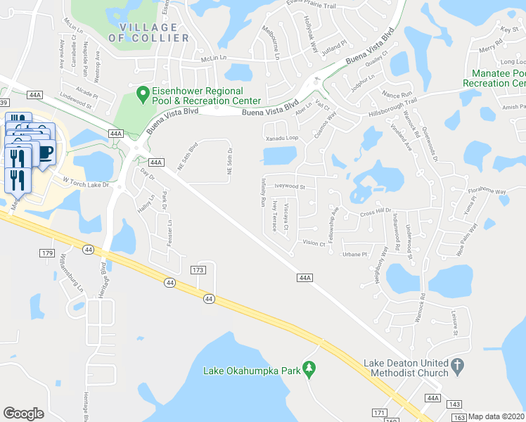 map of restaurants, bars, coffee shops, grocery stores, and more near Infinity Run in The Villages