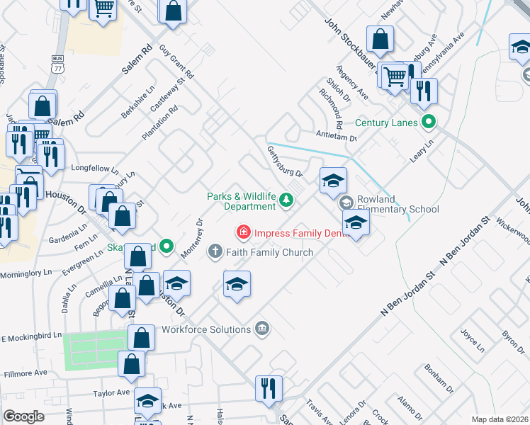 map of restaurants, bars, coffee shops, grocery stores, and more near 2406 East Mockingbird Lane in Victoria