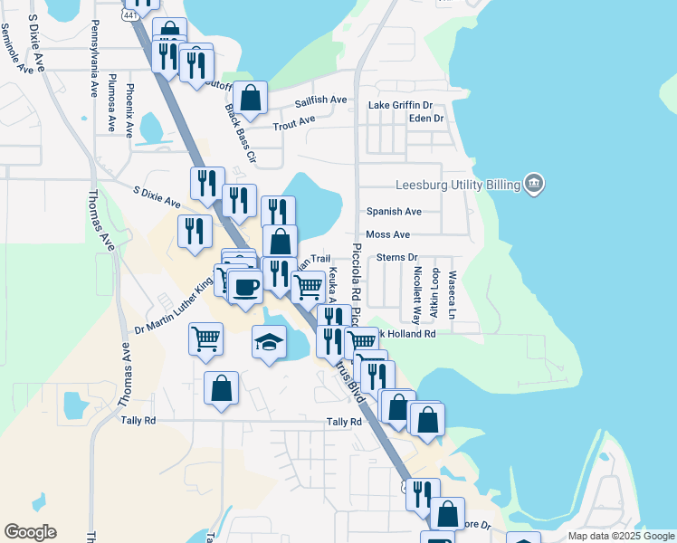 map of restaurants, bars, coffee shops, grocery stores, and more near 2218 Keuka Avenue in Leesburg