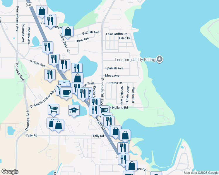 map of restaurants, bars, coffee shops, grocery stores, and more near 2205 Anoka Way in Leesburg