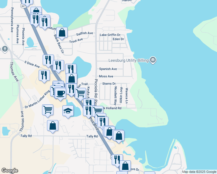 map of restaurants, bars, coffee shops, grocery stores, and more near 2233 Aitkin Loop in Leesburg