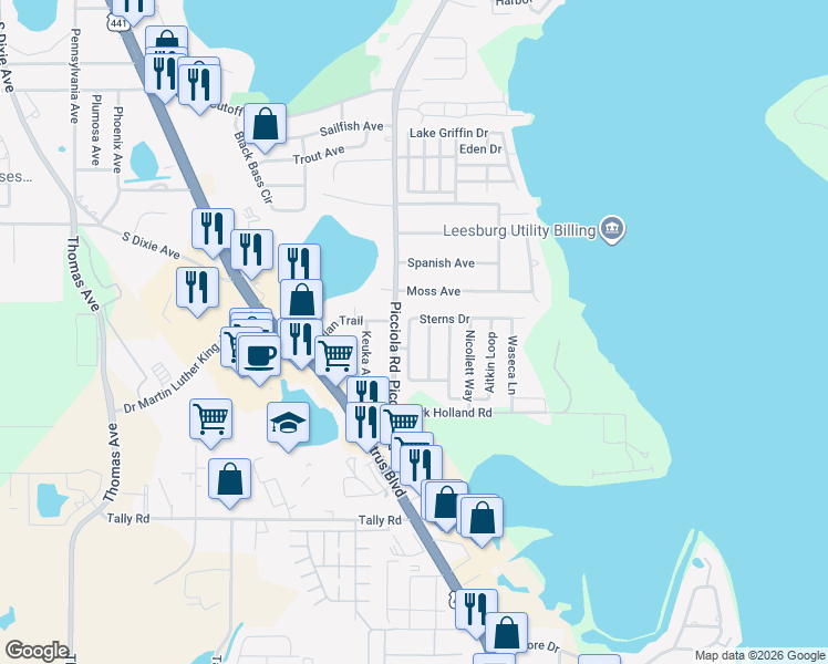 map of restaurants, bars, coffee shops, grocery stores, and more near 1554 Sterns Drive in Leesburg