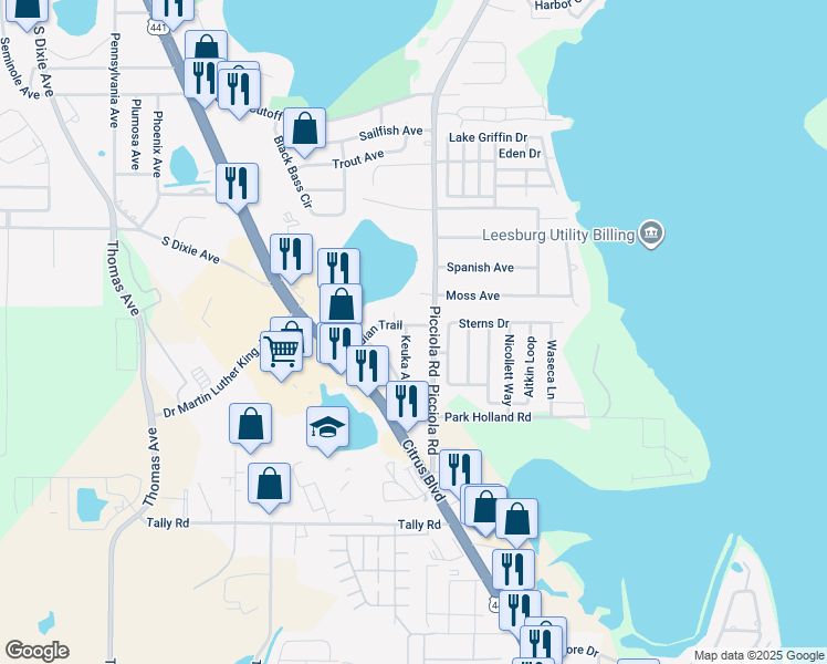map of restaurants, bars, coffee shops, grocery stores, and more near 2218 Keuka Avenue in Leesburg
