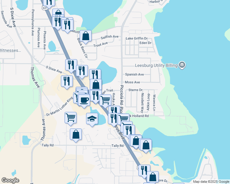 map of restaurants, bars, coffee shops, grocery stores, and more near 2218 Keuka Avenue in Leesburg