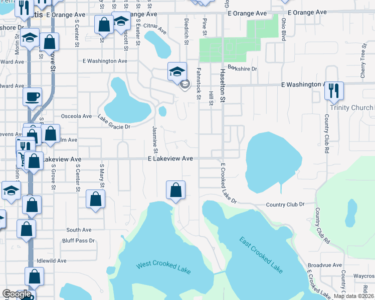 map of restaurants, bars, coffee shops, grocery stores, and more near 1303 East Lakeview Avenue in Eustis