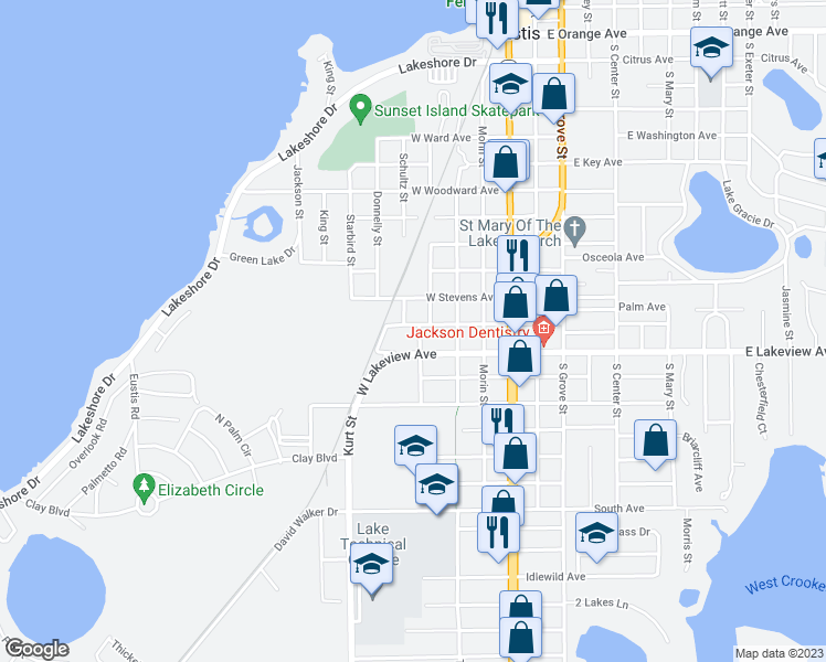 map of restaurants, bars, coffee shops, grocery stores, and more near 300 West Doane Avenue in Eustis