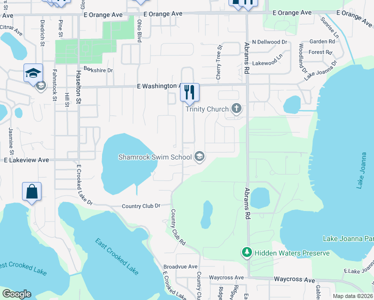 map of restaurants, bars, coffee shops, grocery stores, and more near 1105 Country Club Road in Eustis