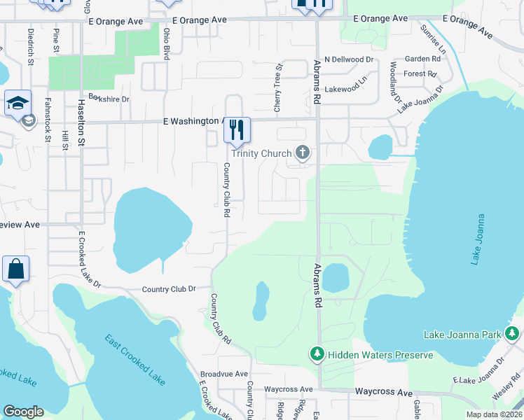map of restaurants, bars, coffee shops, grocery stores, and more near 1107 Club Hills Drive in Eustis