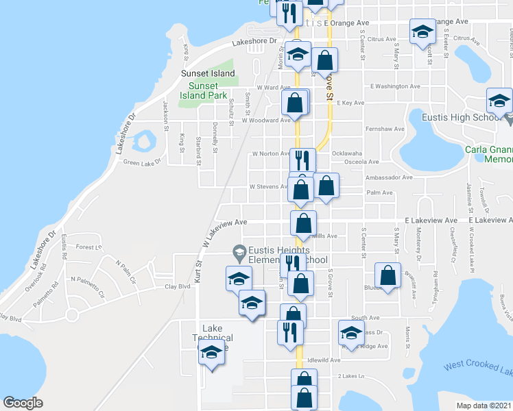 map of restaurants, bars, coffee shops, grocery stores, and more near 202 1/2 West Doane Avenue in Eustis