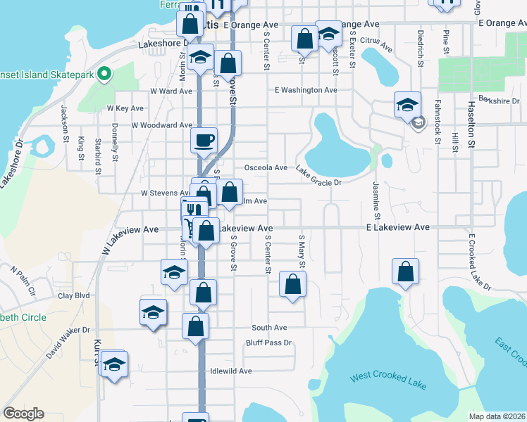 map of restaurants, bars, coffee shops, grocery stores, and more near 417 Palm Avenue in Eustis