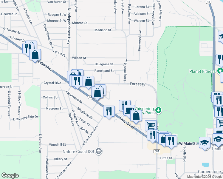 map of restaurants, bars, coffee shops, grocery stores, and more near 2044 Forest Drive in Inverness