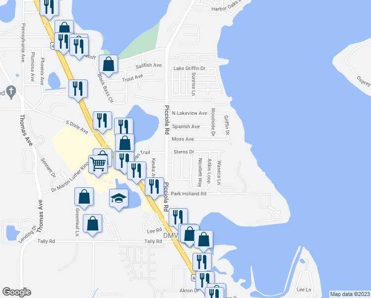 map of restaurants, bars, coffee shops, grocery stores, and more near 1528 Sterns Drive in Leesburg