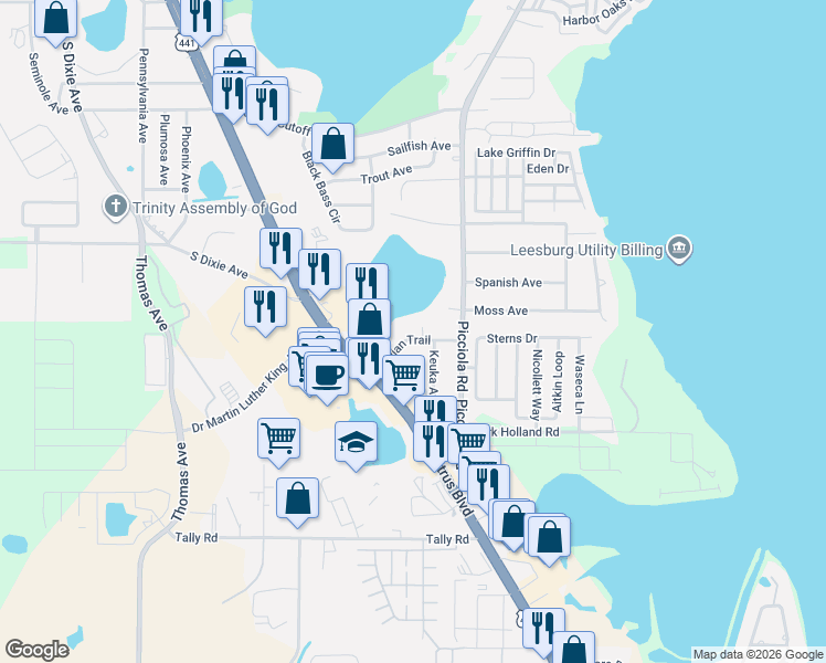 map of restaurants, bars, coffee shops, grocery stores, and more near 1710 Indian Trail in Leesburg