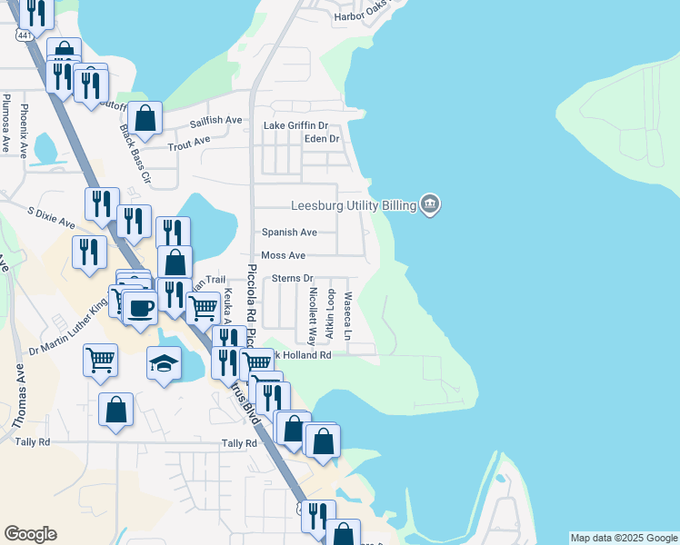 map of restaurants, bars, coffee shops, grocery stores, and more near 1454 Sterns Drive in Leesburg
