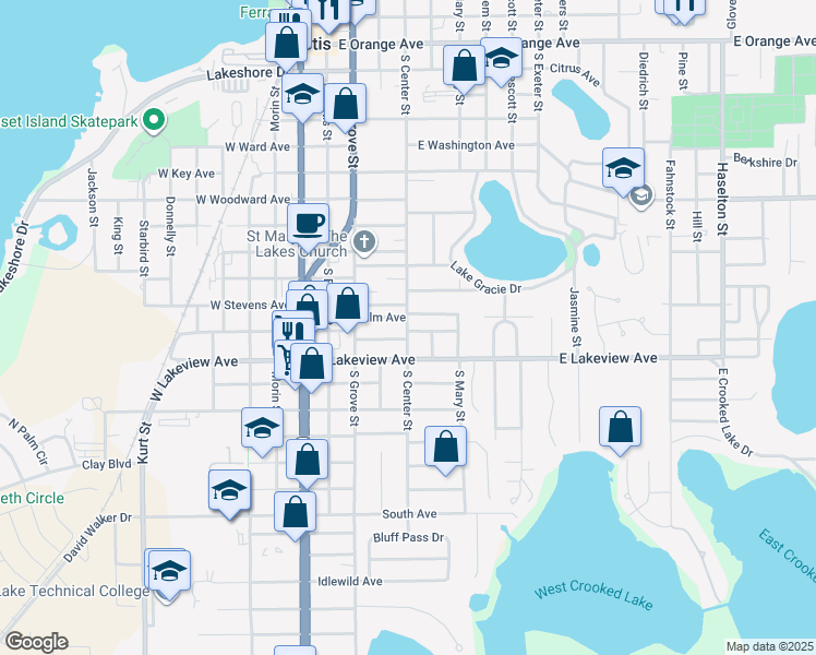map of restaurants, bars, coffee shops, grocery stores, and more near 417 Palm Avenue in Eustis