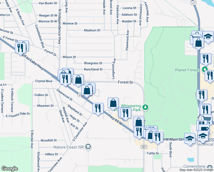 map of restaurants, bars, coffee shops, grocery stores, and more near 2044 Forest Drive in Inverness