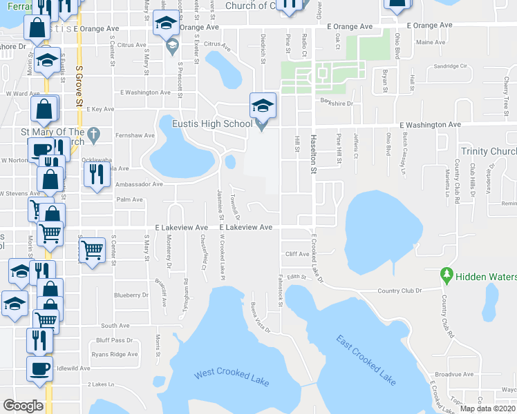 map of restaurants, bars, coffee shops, grocery stores, and more near 8 Orange Blossom Drive in Eustis