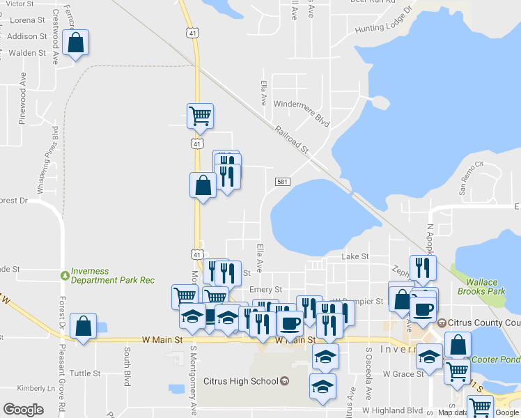 map of restaurants, bars, coffee shops, grocery stores, and more near 501 Ella Avenue in Inverness