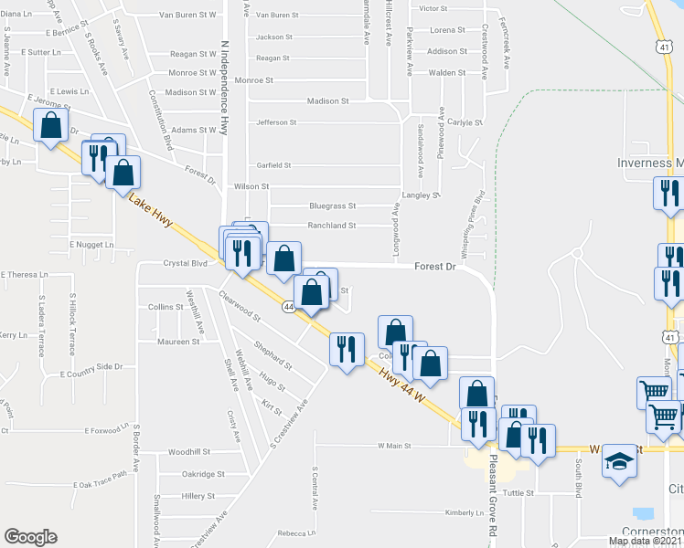 map of restaurants, bars, coffee shops, grocery stores, and more near 2319 Forest Drive in Inverness