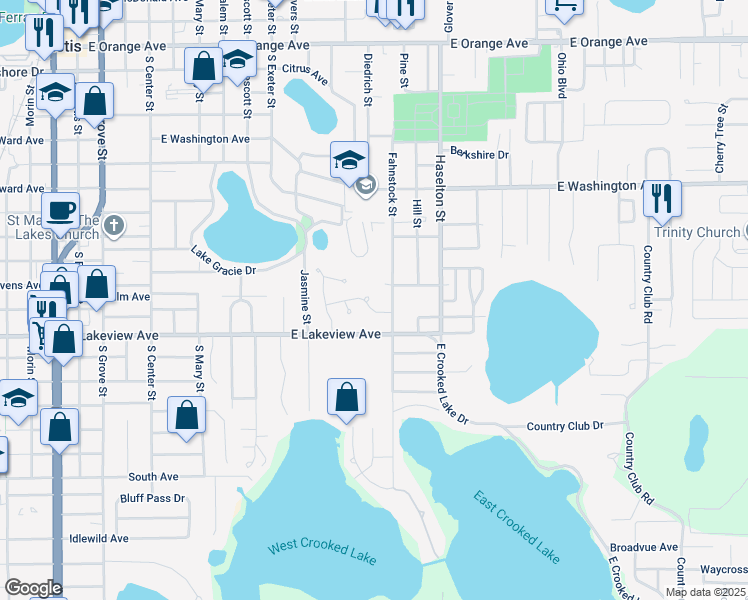 map of restaurants, bars, coffee shops, grocery stores, and more near 69 Orange Blossom Drive in Eustis
