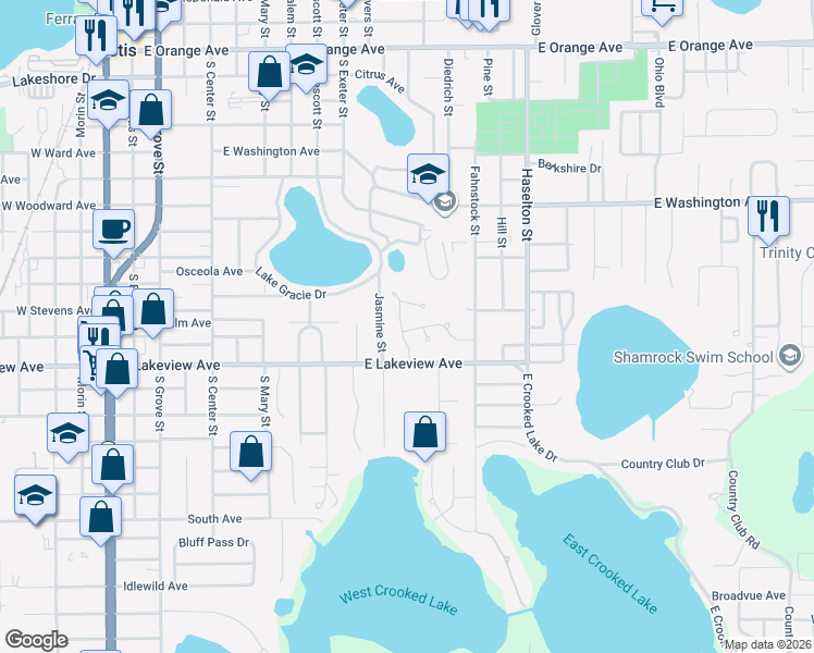 map of restaurants, bars, coffee shops, grocery stores, and more near 59 Orange Blossom Drive in Eustis