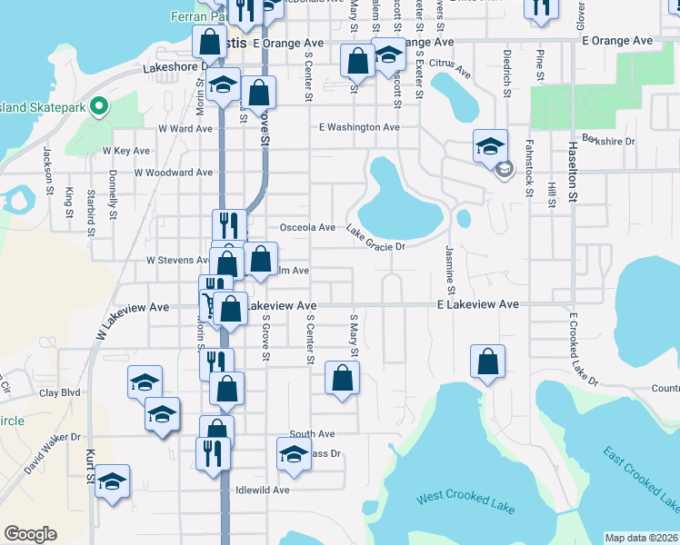map of restaurants, bars, coffee shops, grocery stores, and more near 524 Palm Avenue in Eustis