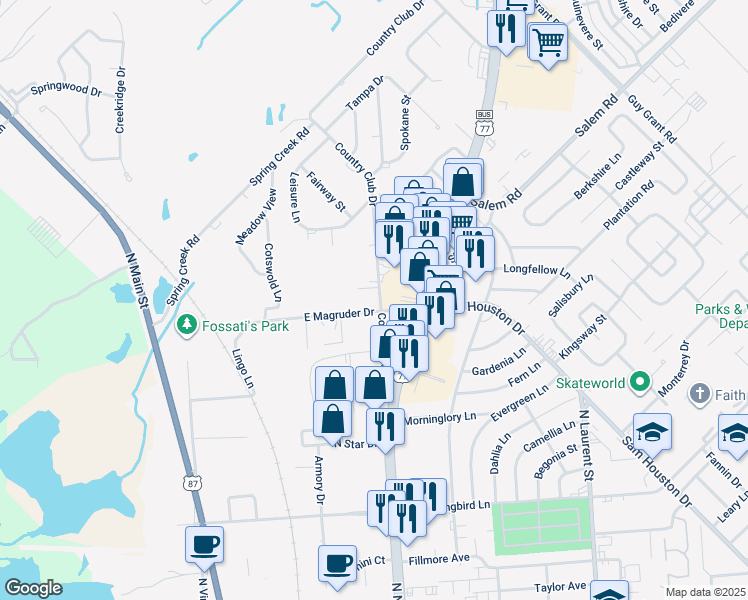 map of restaurants, bars, coffee shops, grocery stores, and more near 5107 Country Club Drive in Victoria
