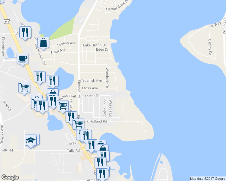 map of restaurants, bars, coffee shops, grocery stores, and more near 1403 Moss Avenue in Leesburg