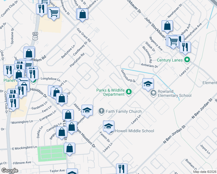 map of restaurants, bars, coffee shops, grocery stores, and more near 413 Monterrey Drive in Victoria