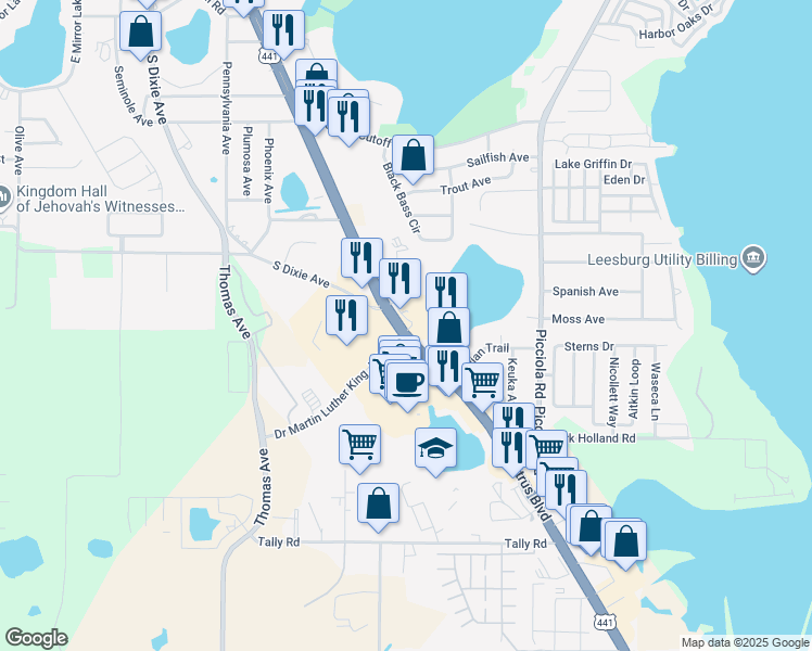 map of restaurants, bars, coffee shops, grocery stores, and more near 2500 U.S. 27 in Fruitland Park