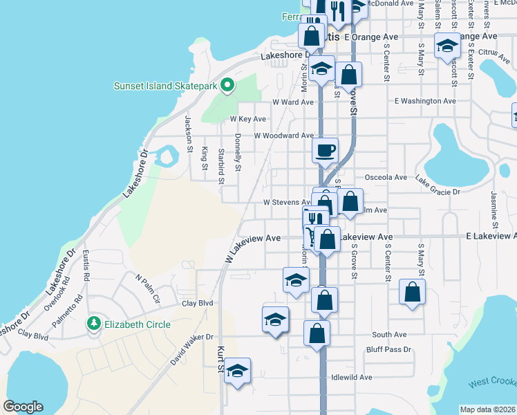 map of restaurants, bars, coffee shops, grocery stores, and more near 901 Schultz Street in Eustis