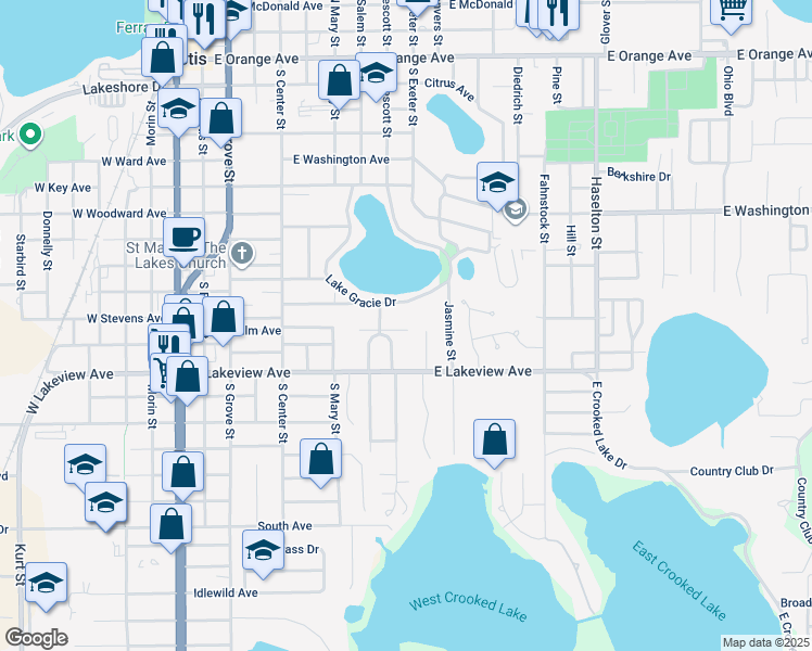 map of restaurants, bars, coffee shops, grocery stores, and more near 825 Poinsettia Drive in Eustis