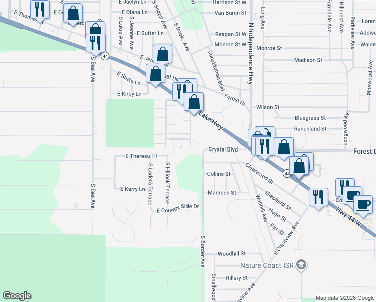 map of restaurants, bars, coffee shops, grocery stores, and more near 3800 East Crystal Lane in Inverness