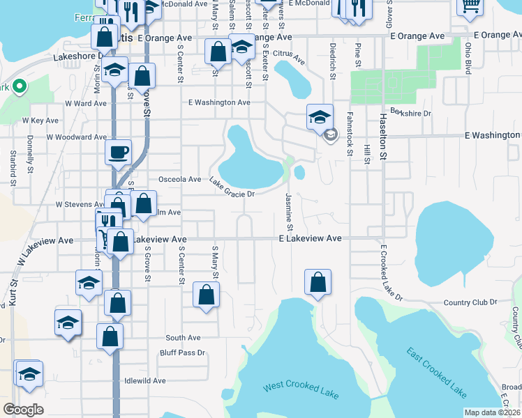 map of restaurants, bars, coffee shops, grocery stores, and more near 825 Poinsettia Drive in Eustis
