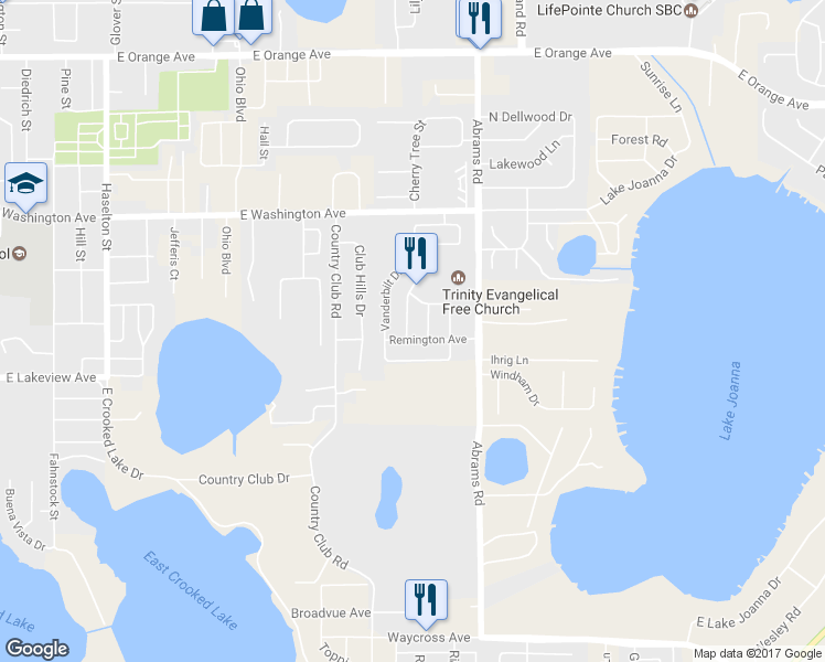 map of restaurants, bars, coffee shops, grocery stores, and more near 833 Vanderbilt Drive in Eustis