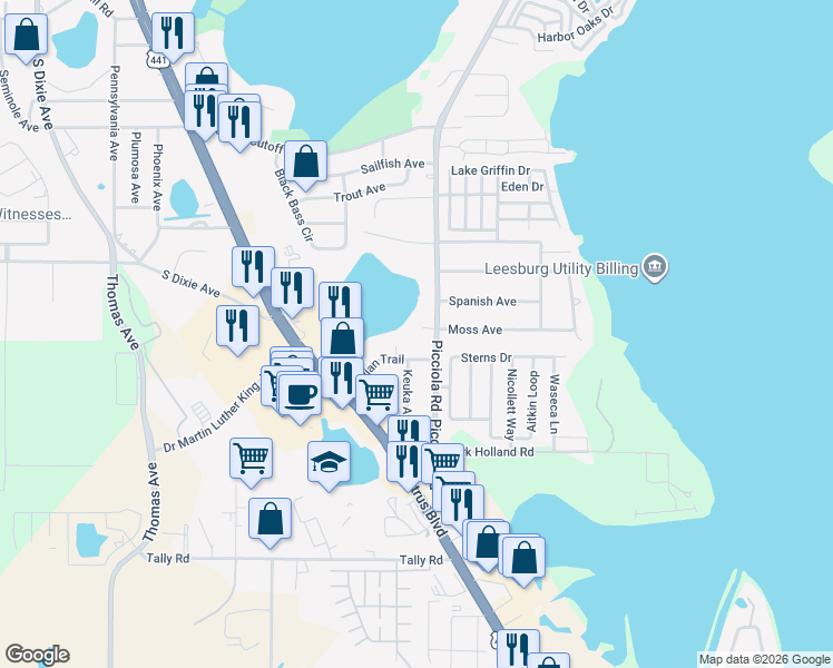 map of restaurants, bars, coffee shops, grocery stores, and more near 3785 Picciola Road in Leesburg