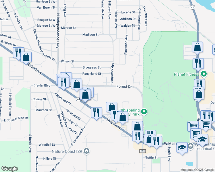 map of restaurants, bars, coffee shops, grocery stores, and more near 2044 Forest Drive in Inverness