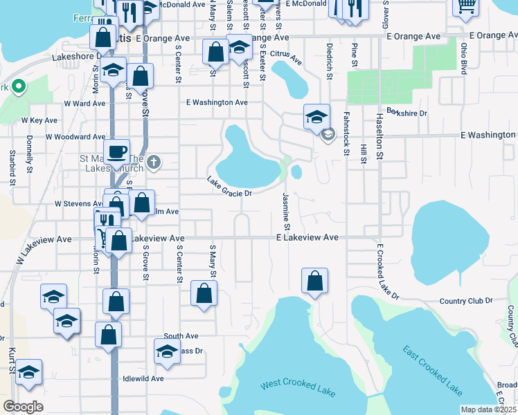 map of restaurants, bars, coffee shops, grocery stores, and more near 825 Poinsettia Drive in Eustis