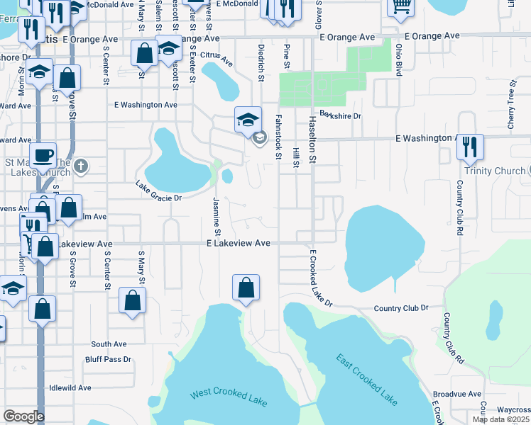 map of restaurants, bars, coffee shops, grocery stores, and more near 69 Orange Blossom Drive in Eustis