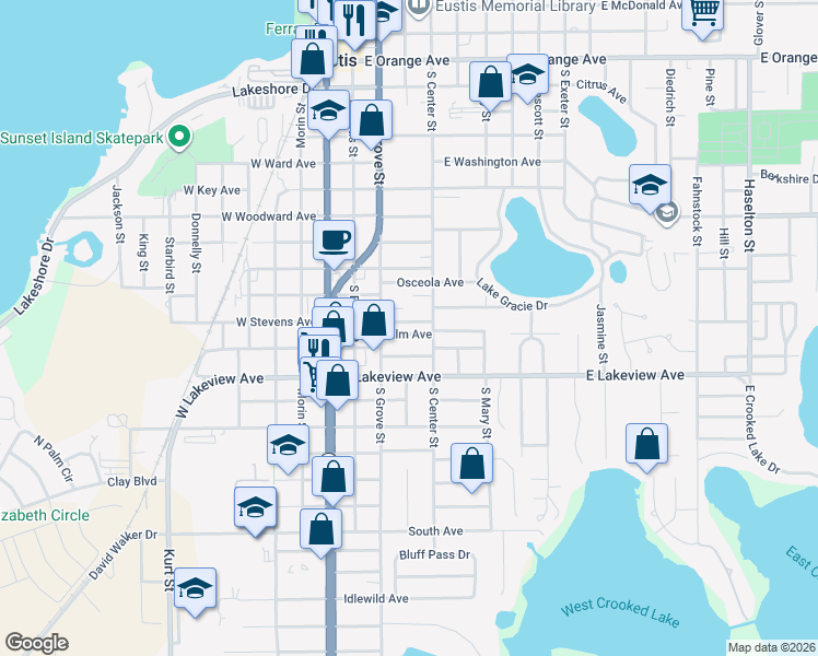 map of restaurants, bars, coffee shops, grocery stores, and more near 229 Palm Avenue in Eustis