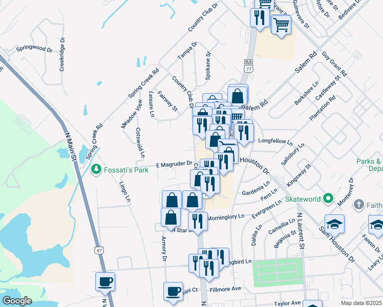 map of restaurants, bars, coffee shops, grocery stores, and more near 5107 Country Club Drive in Victoria